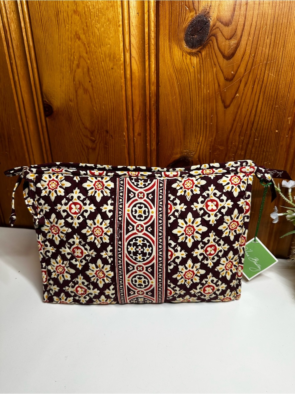 Vera Bradley Brown Floral Quilted Cosmetic Pouch with Red and Cream Accents